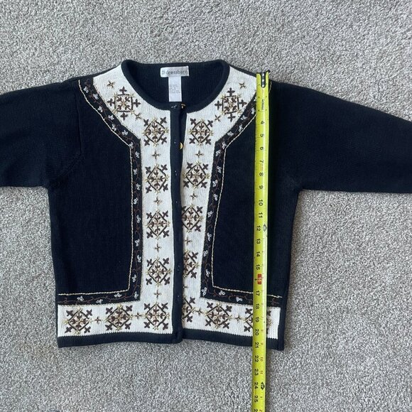 Vintage Grandma Chic Cardigan Black & White Beaded Cotton Ramie Button Up - Picture 8 of 9